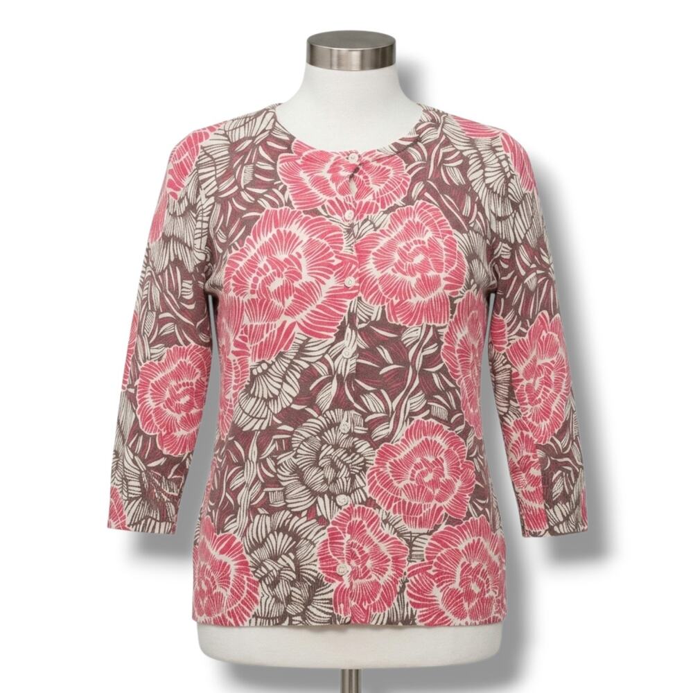 Croft & Barrow Coral Pink Floral Print Button Cardigan Sweater 3/4 Sleeve Medium